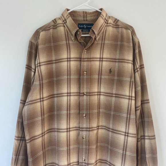 Ralph Lauren Beige Plaid Flannel Men's Large Classic Fit - Picture 1 of 8